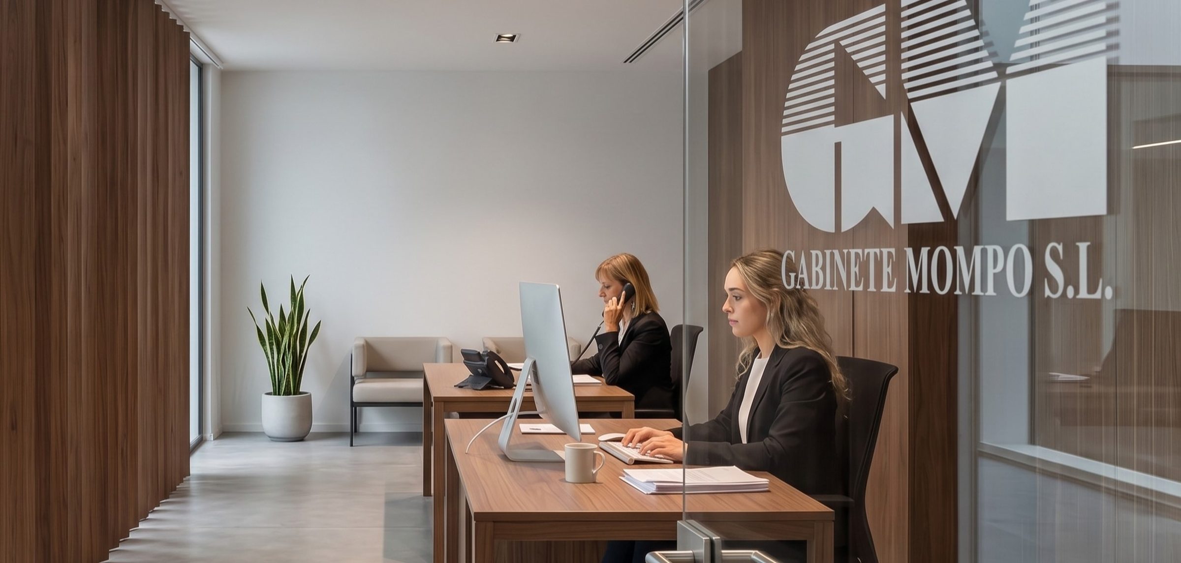 Equipo de Gabinete Mompó S.L. atendiendo en el despacho, con el logotipo de la empresa al fondo